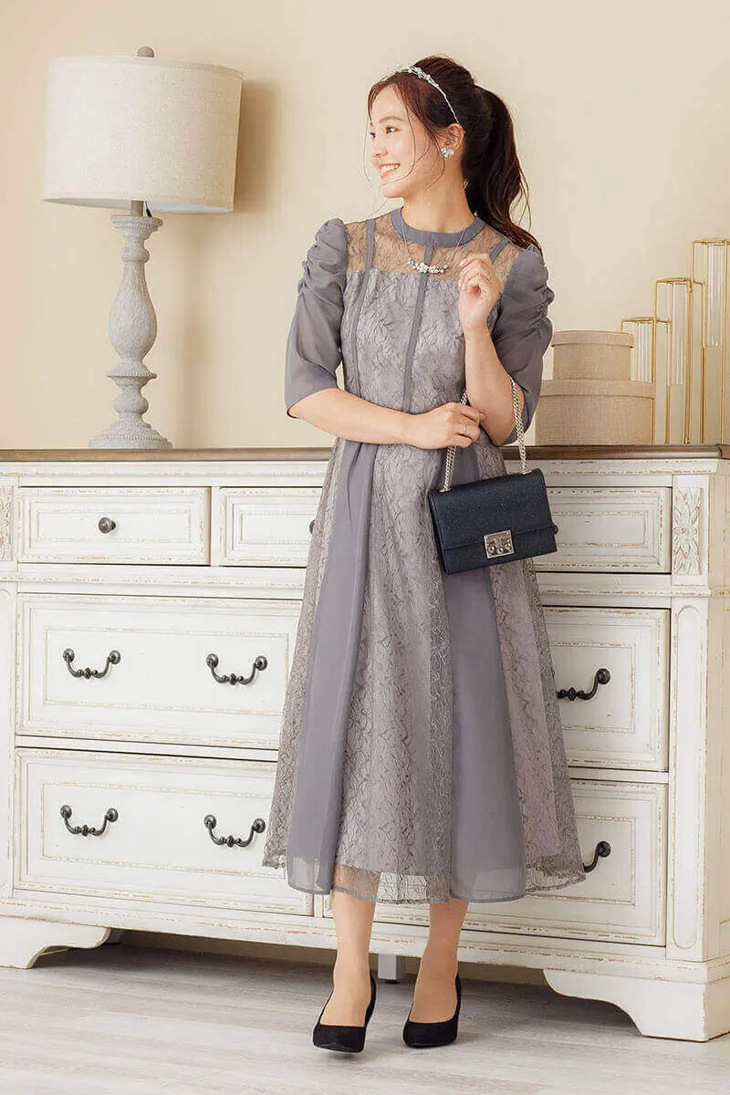 アッシュグレーのギャザースリーブドレス | Sweet As | L | 結婚式