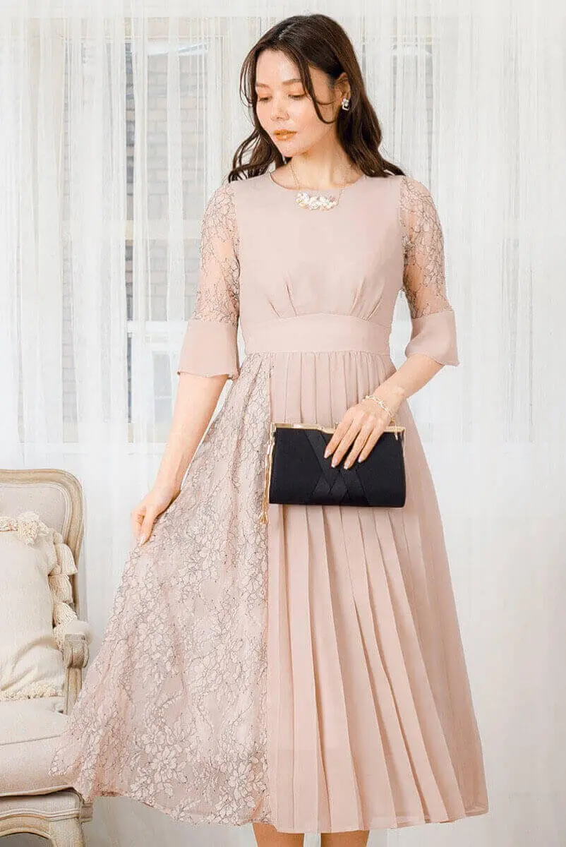 プリーツプリーズ　新品未使用　フリンジ　サイズ4 サマードレス　ドレス 刺繍レース切替プリーツロングドレス（RTL-LAD17） | hare:kari