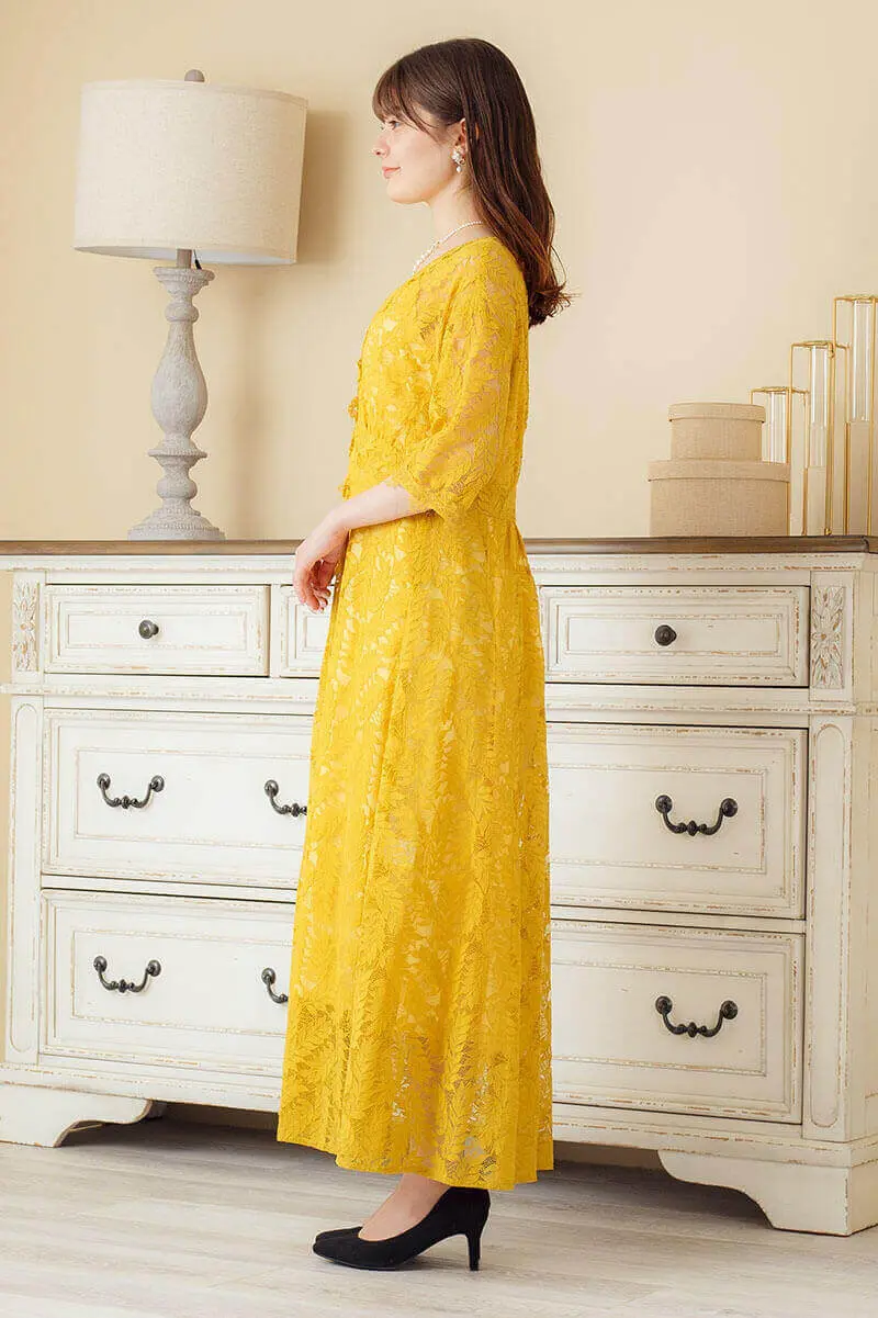 イエローのフロントボタンレースドレス | smeralda | M | 結婚式