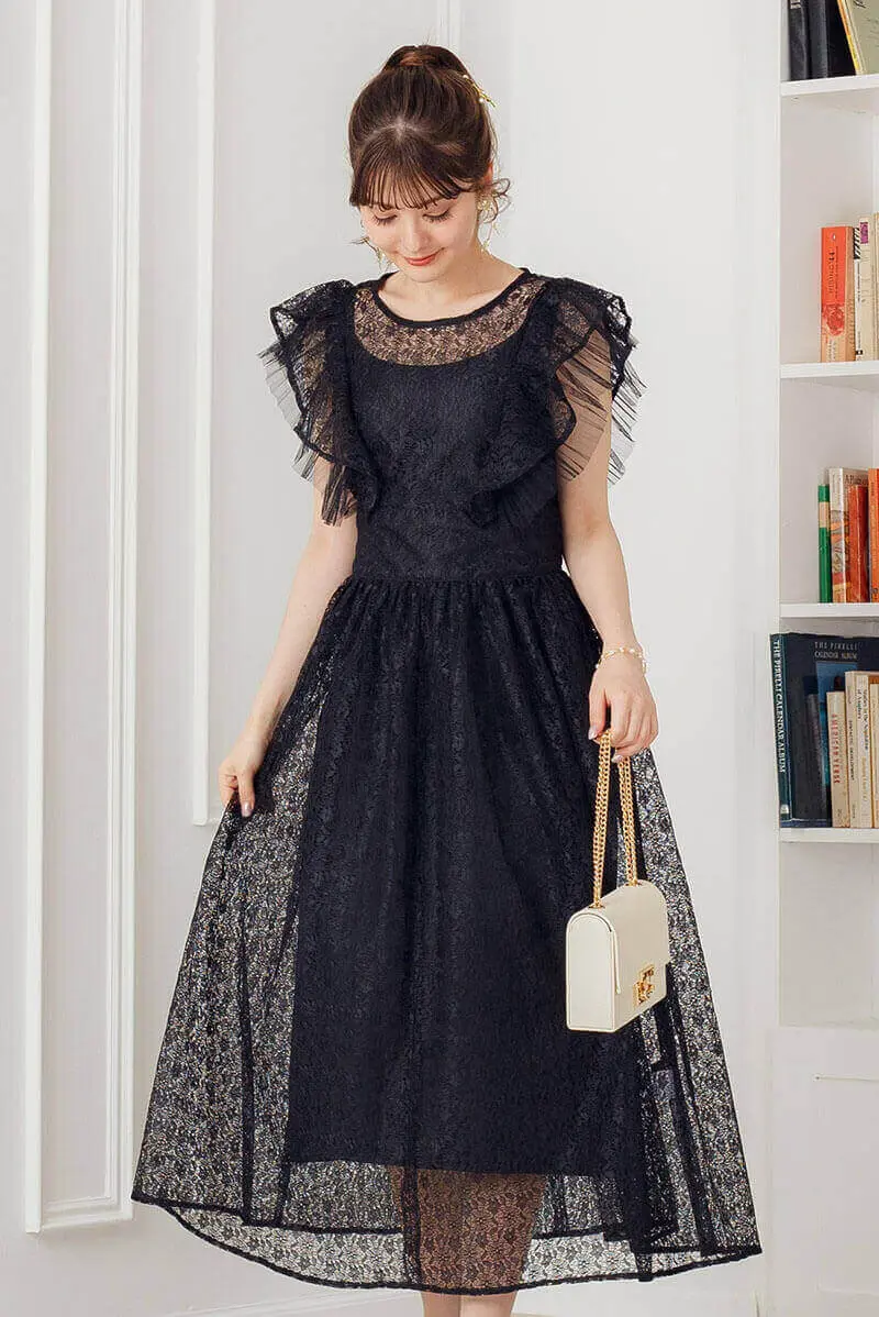 ブラックのギャザースリーブレースドレス | Heather | M | 結婚式