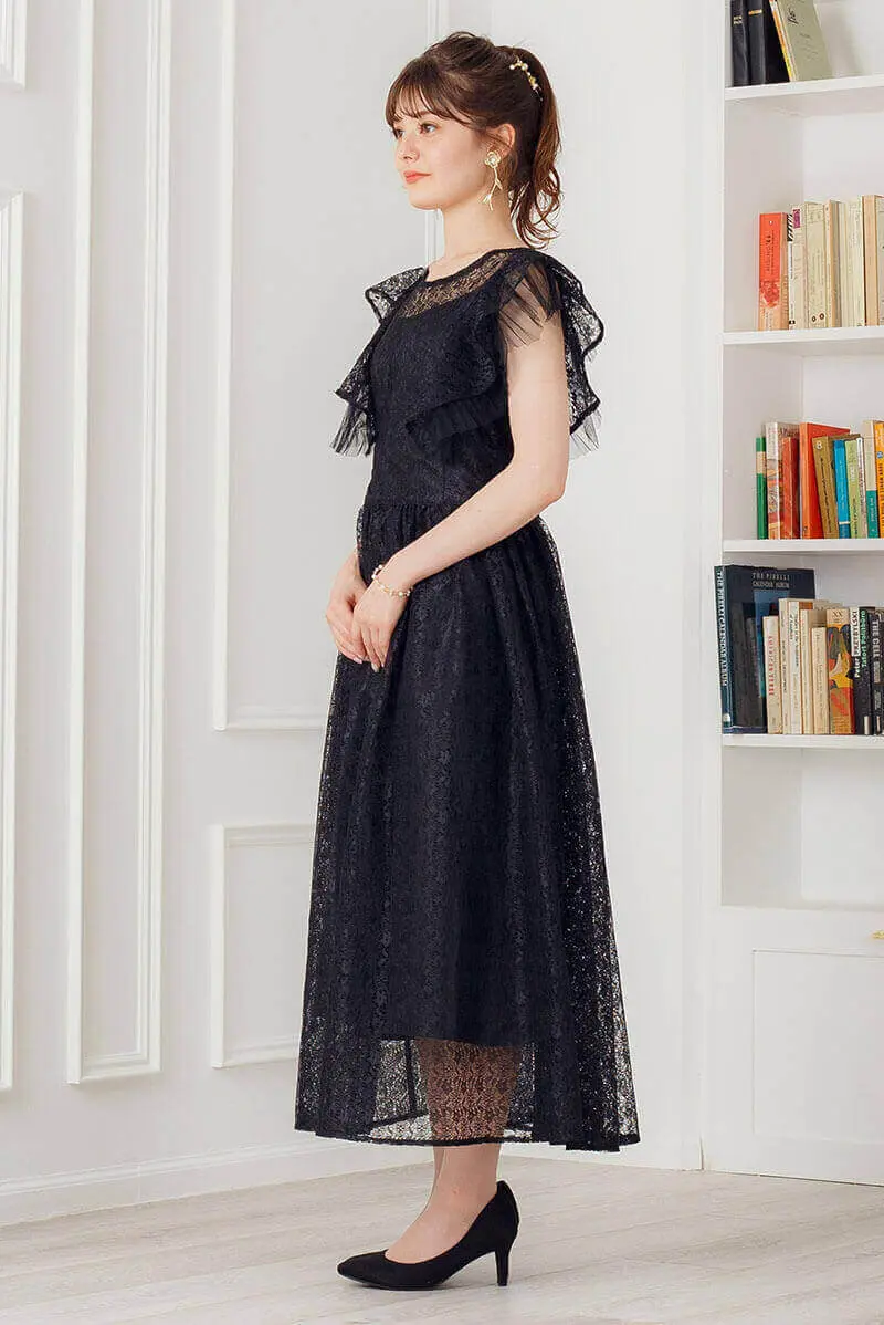 ブラックのギャザースリーブレースドレス | Heather | M | 結婚式