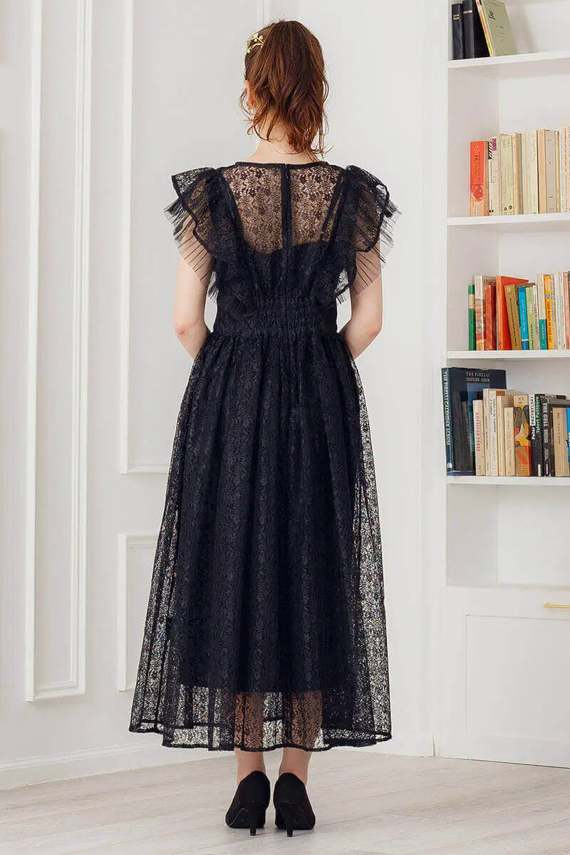 ブラックのギャザースリーブレースドレス | Heather | M | 結婚式