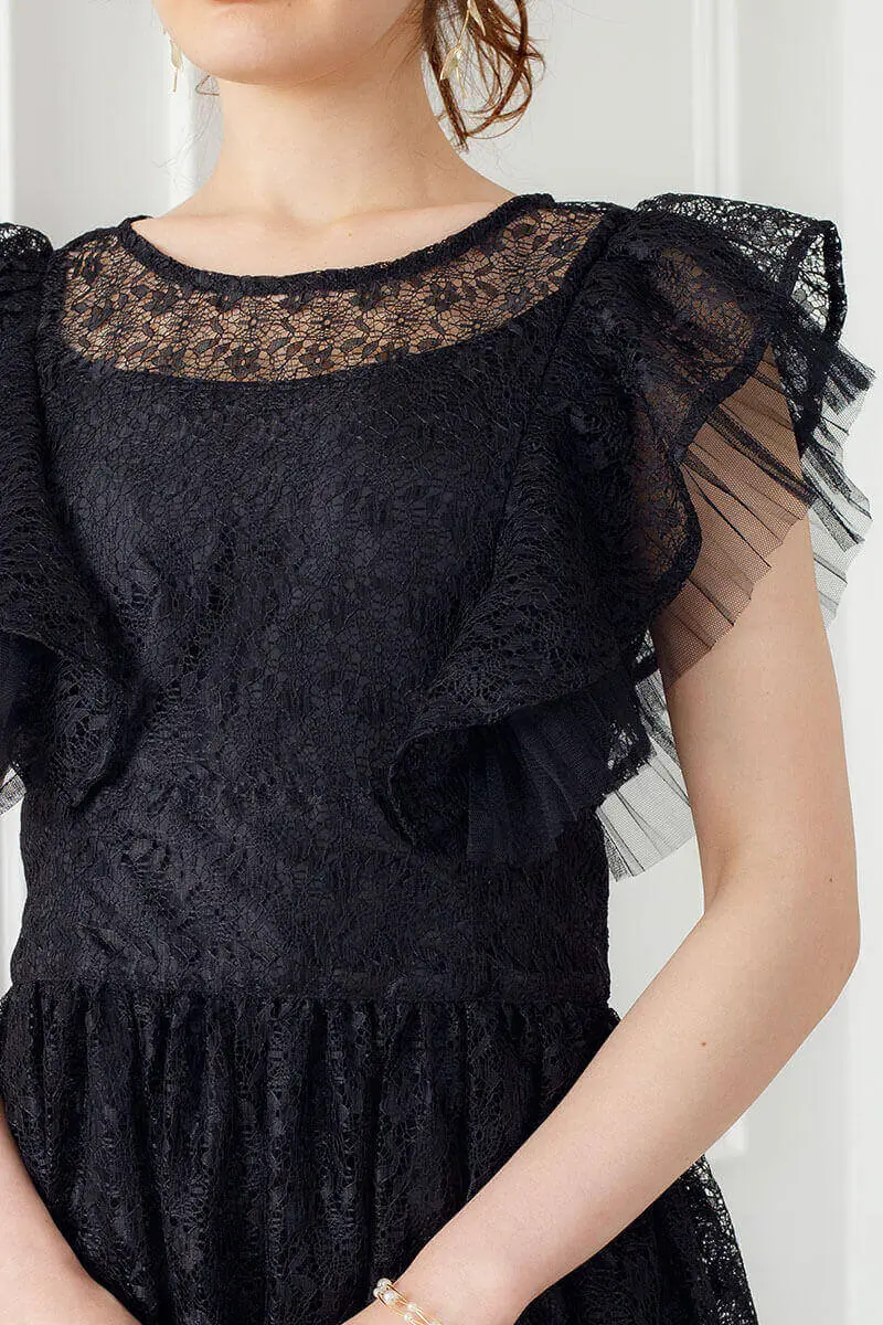 ブラックのギャザースリーブレースドレス | Heather | M | 結婚式