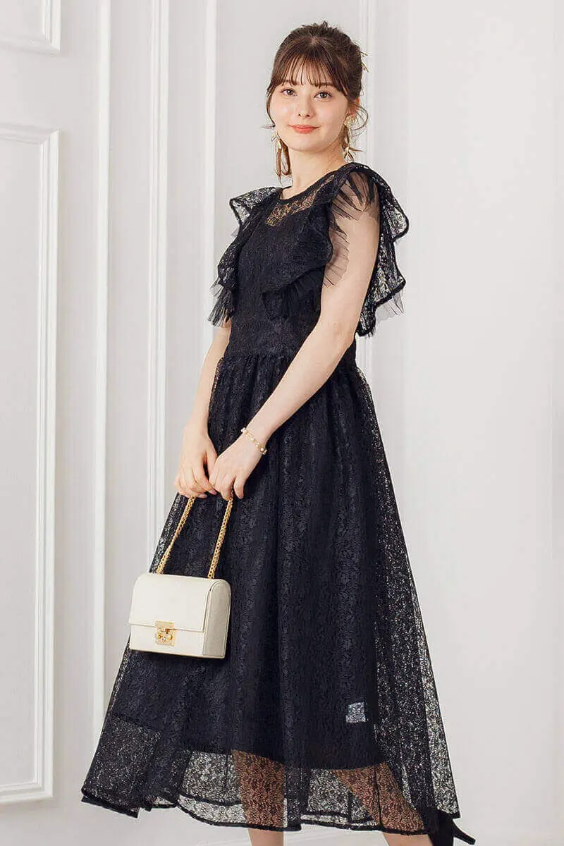 ブラックのギャザースリーブレースドレス | Heather | M | 結婚式
