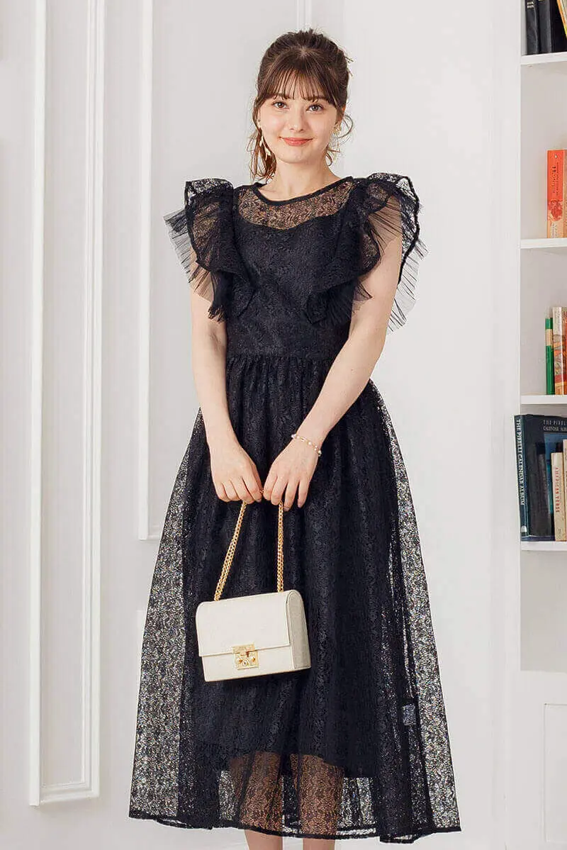 ブラックのギャザースリーブレースドレス | Heather | M | 結婚式
