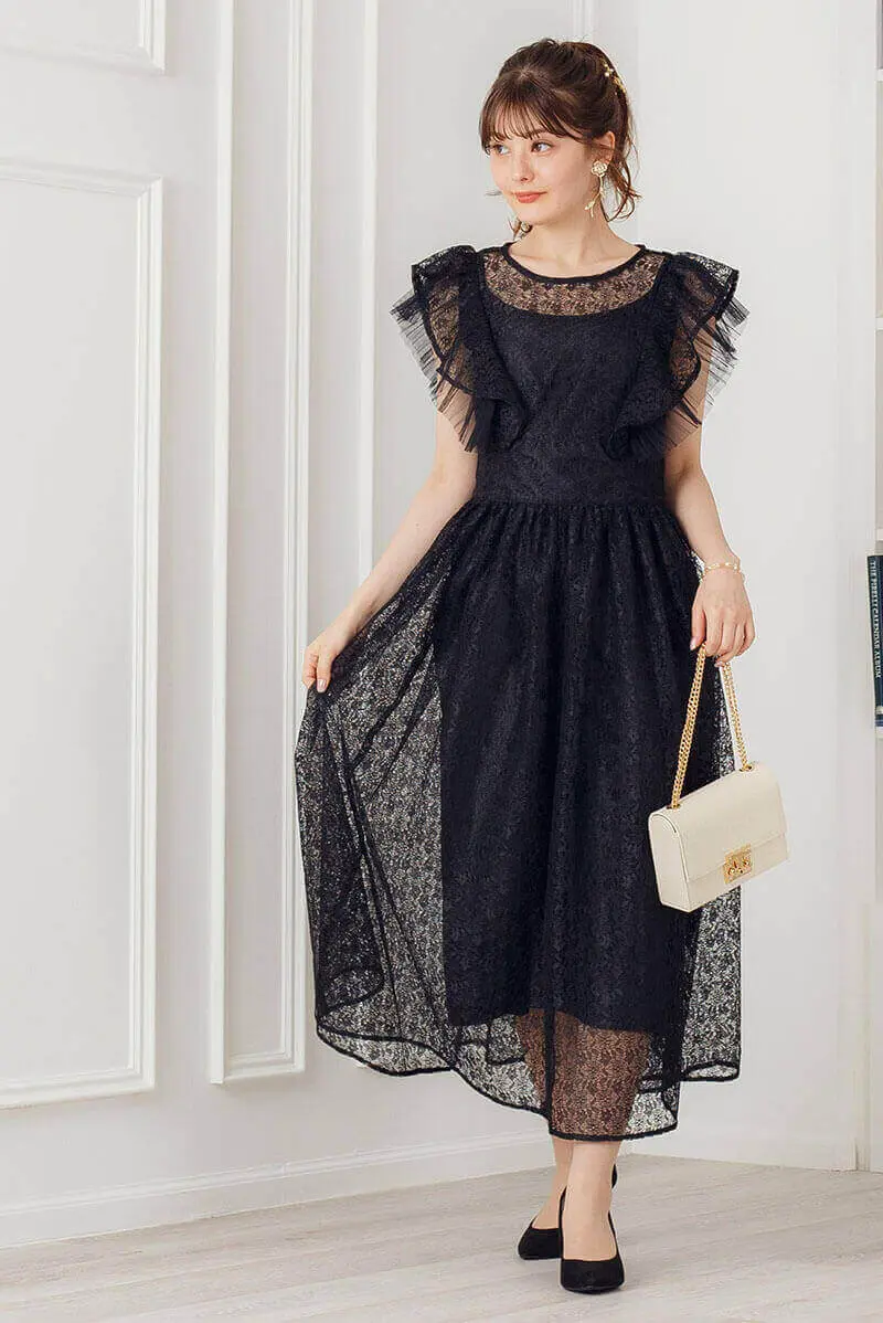 ブラックのギャザースリーブレースドレス | Heather | M | 結婚式