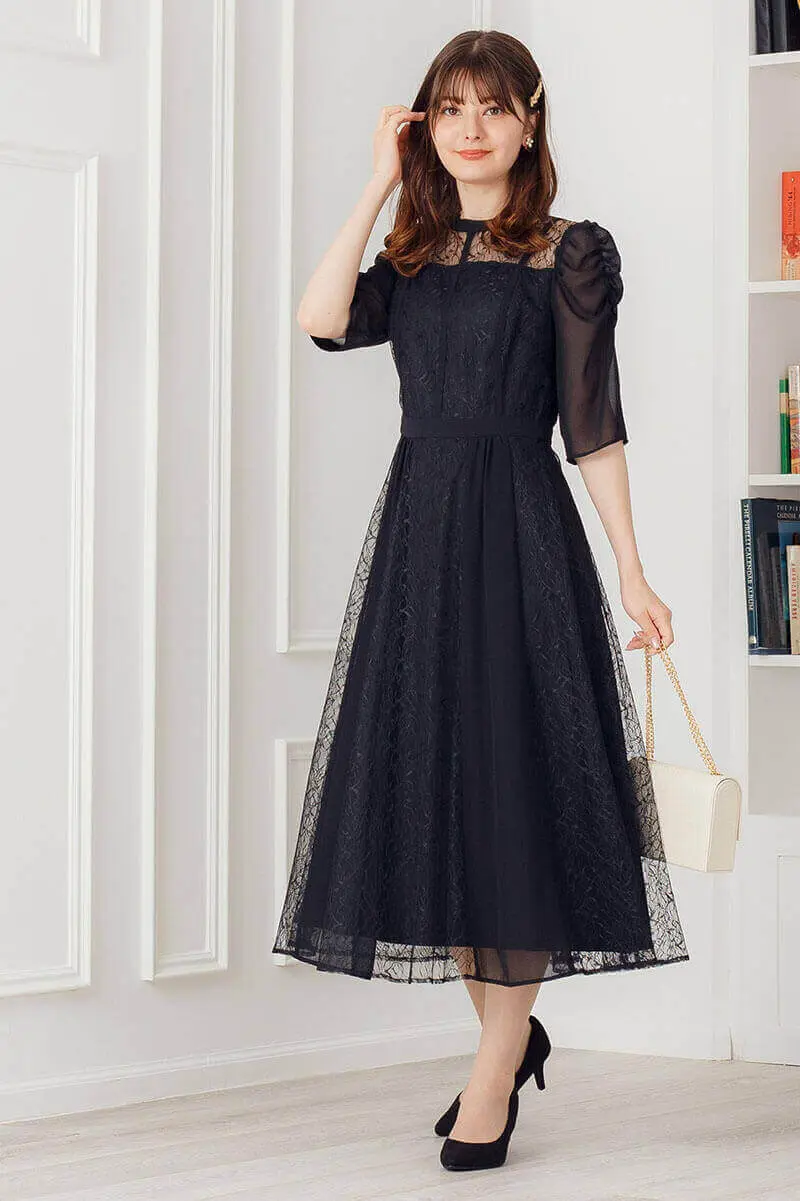 ブラックのギャザースリーブドレス | Sweet As | M | 結婚式