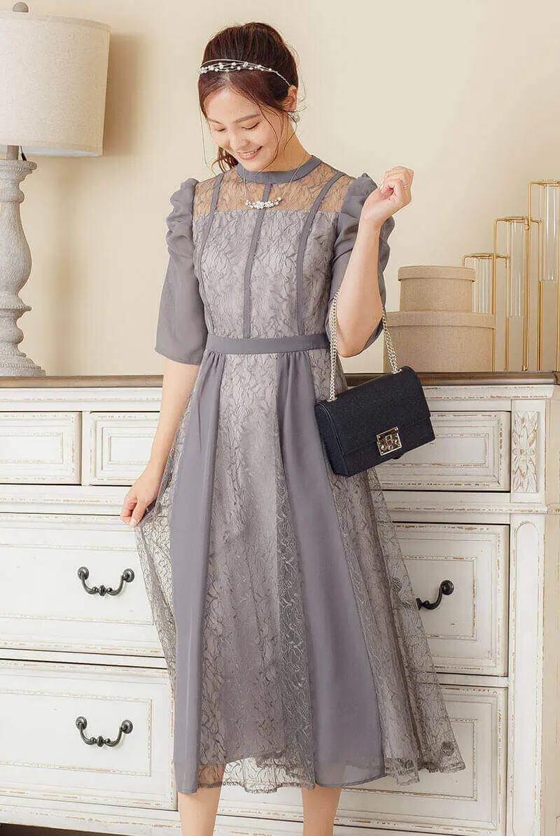 FOXEY【美品】ギャザーフレアドレス ワンピース リッチグレー 42 アッシュグレーのギャザースリーブドレス | Sweet As | M | 結婚式