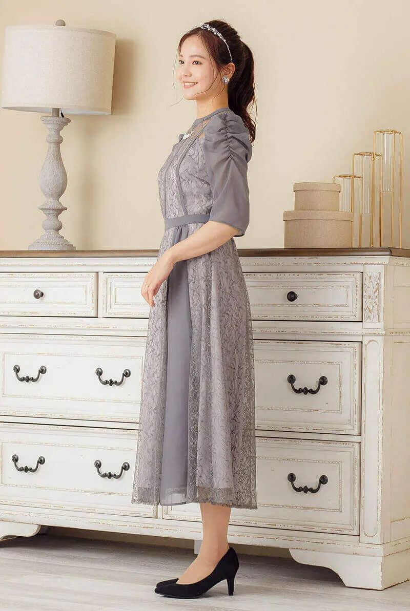 アッシュグレーのギャザースリーブドレス | Sweet As | M | 結婚式