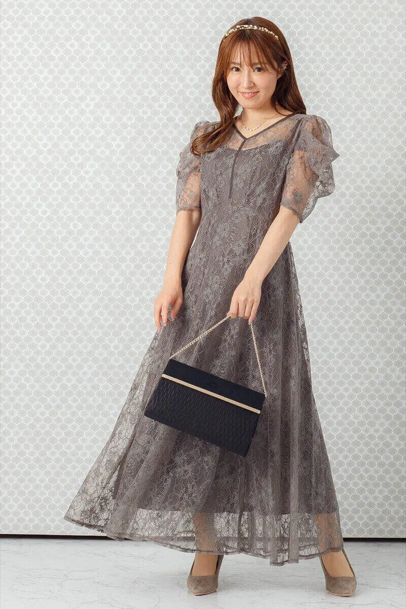 ダークグレーのパワショルレースドレス | select shop | M | 結婚式