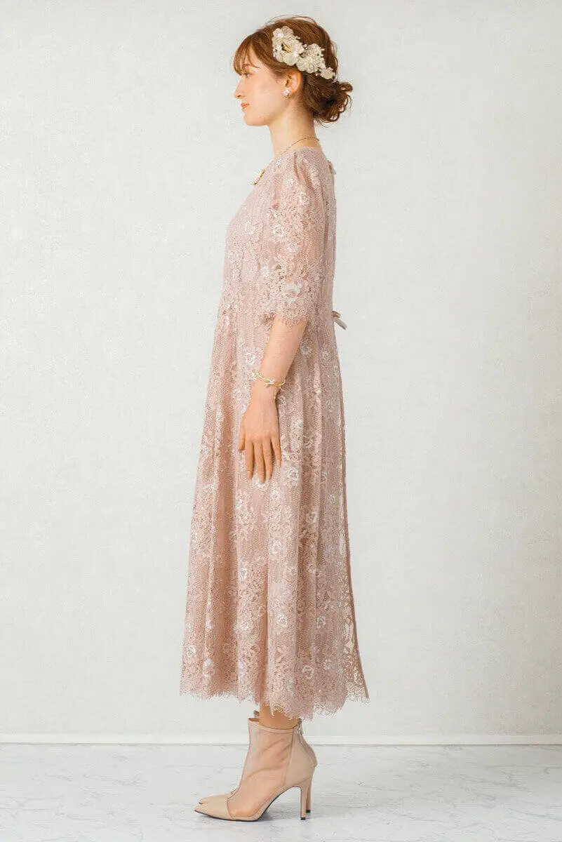 スモークピンクの配色レースエプロンドレス | Dorry doll | M | 結婚式