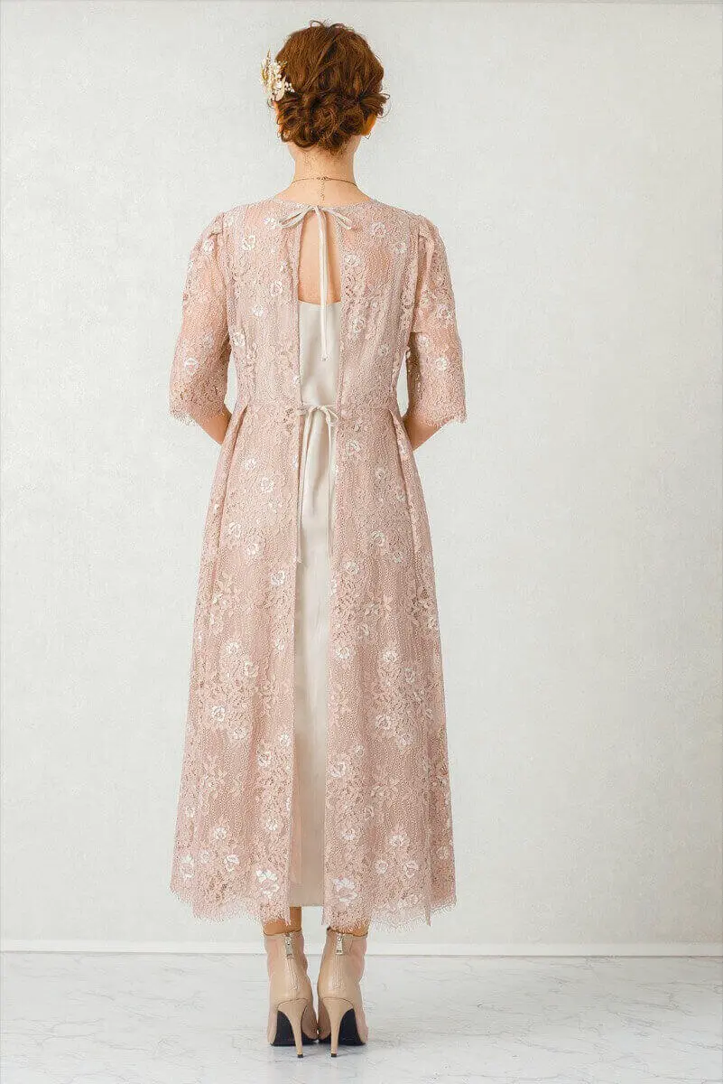 スモークピンクの配色レースエプロンドレス | Dorry doll | M | 結婚式