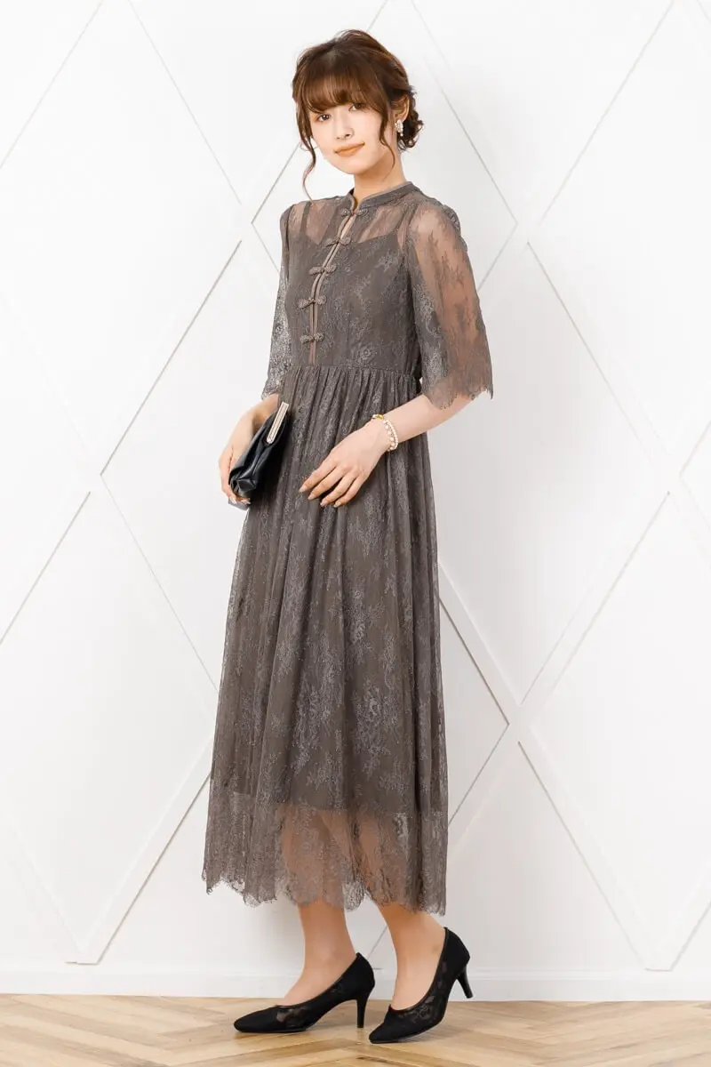 ダークグレーのアジアンノットボタンドレス | select shop | M | 結婚