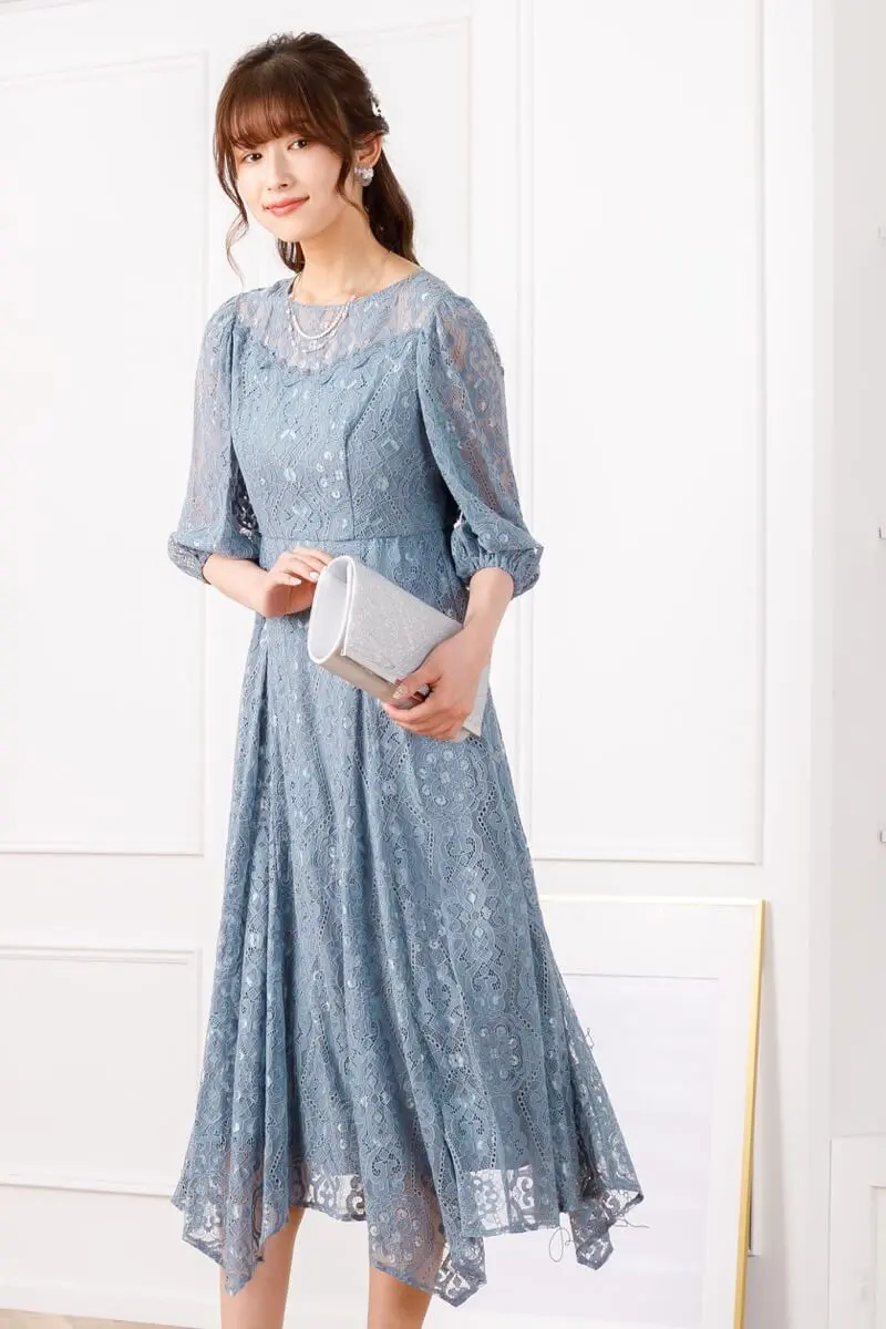 グレイッシュブルーのイレヘムレースドレス | Dorry doll | M