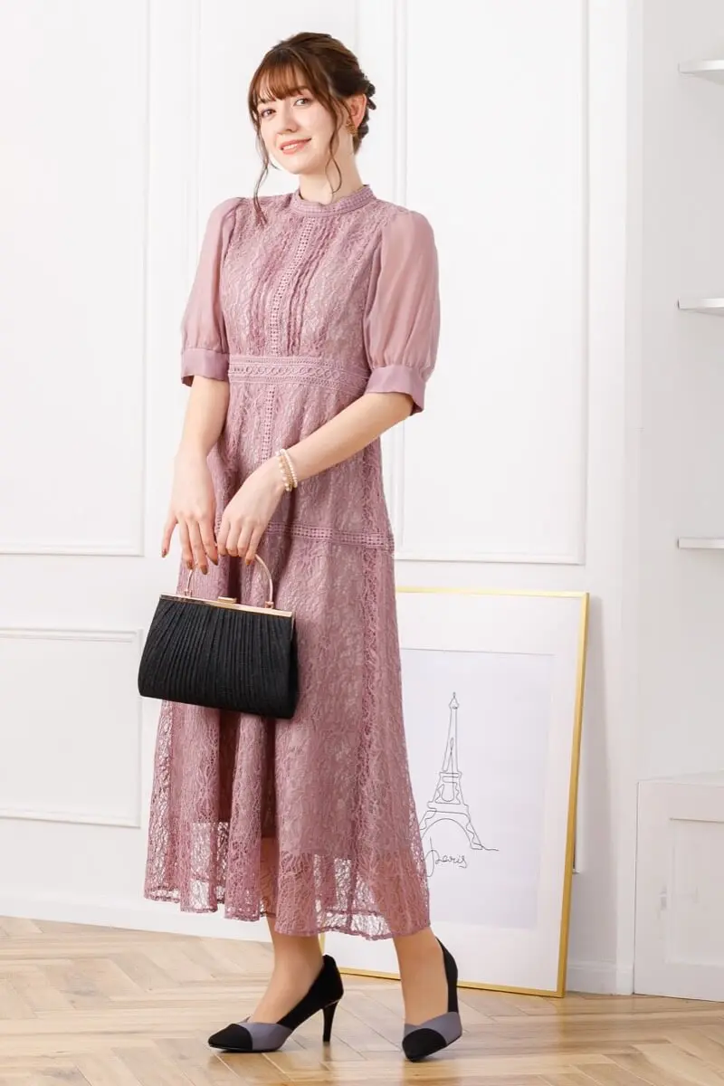 スモークパープルのシアースリーブ配色レースドレス | Dorry doll | M