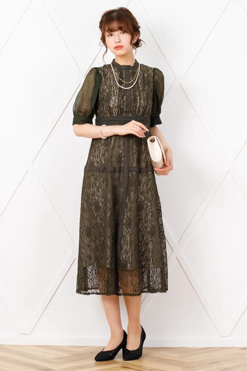 オリーブのシアースリーブ配色レースドレス | Dorry doll | M | 結婚式