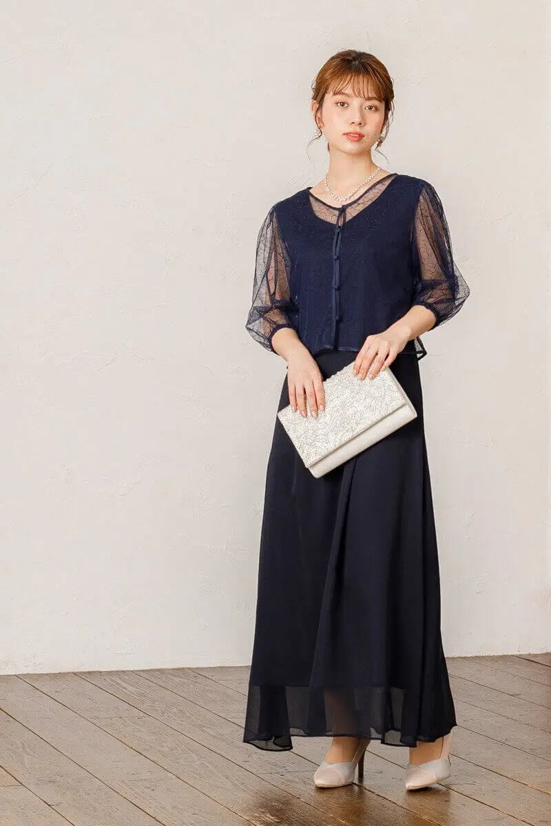 ほぼ未使用 clarissa パーティードレス ネイビーS 結婚式お呼ばれ ネイビーのレースボレロ付きドレス | placebo | S | 結婚式