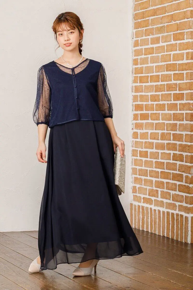 新品　ローズティアラ　46 フォーマル　リバーシブル　ボレロ　レース　ネイビー ネイビーのレースボレロ付きドレス | placebo | M | 結婚式
