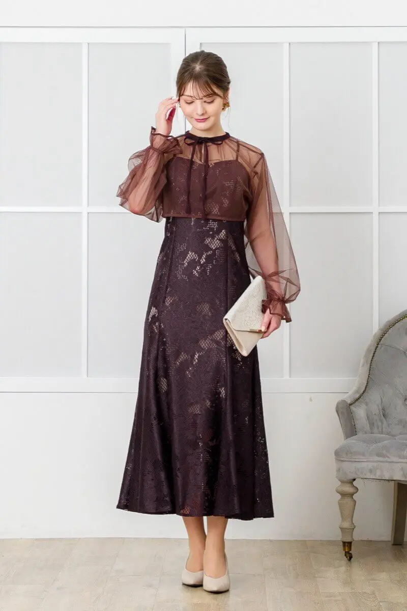 ダークブラウンのチュールブラウス付きドレス | Dorry doll | M | 結婚