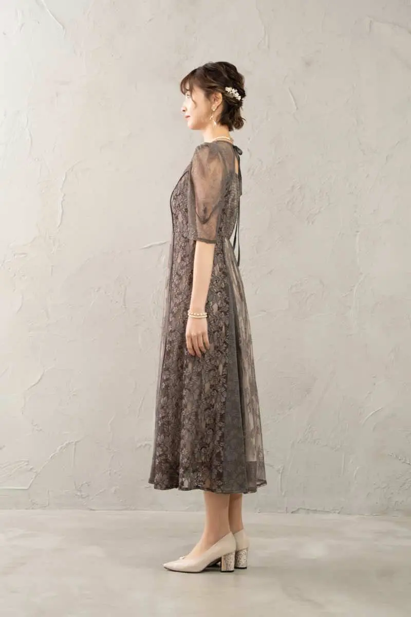 チャコールのレースフレアコンビネーションドレス | select shop | M