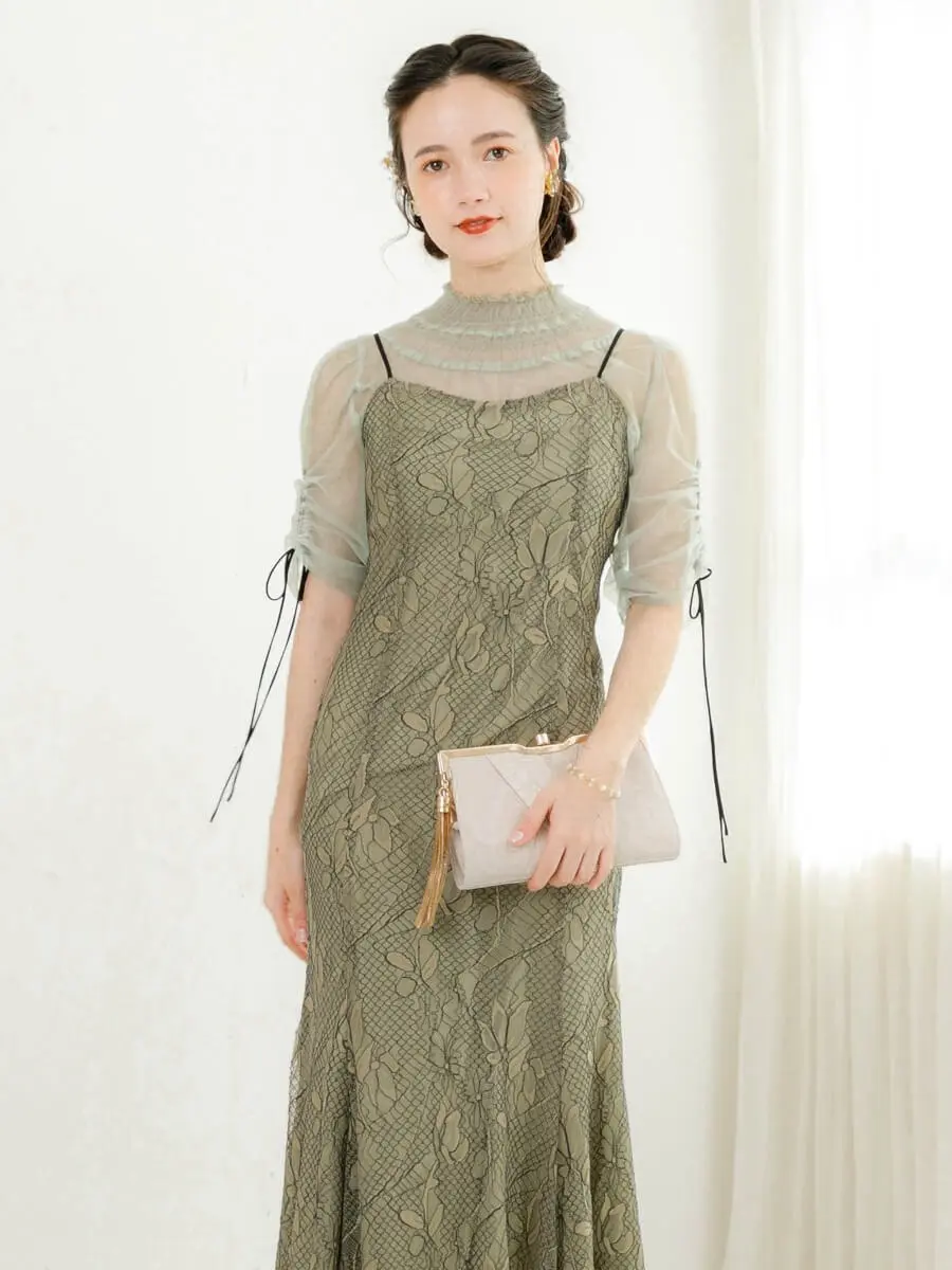【美品】Dorry Doll オケージョンドレス M ダークグリーングレー グリーンのブラウス付きフラワーレースドレス | Dorry doll | M