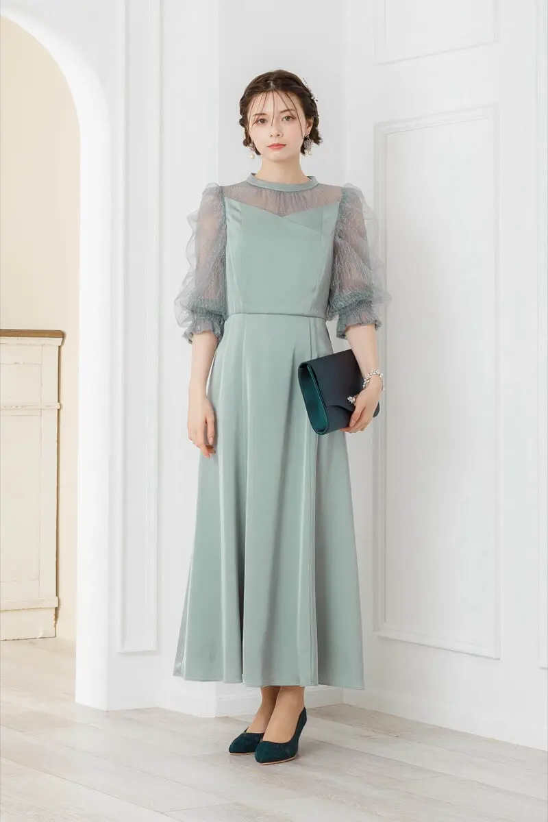 グリーンのダイヤチュール×サテンドレス | Dorry doll | M | 結婚式