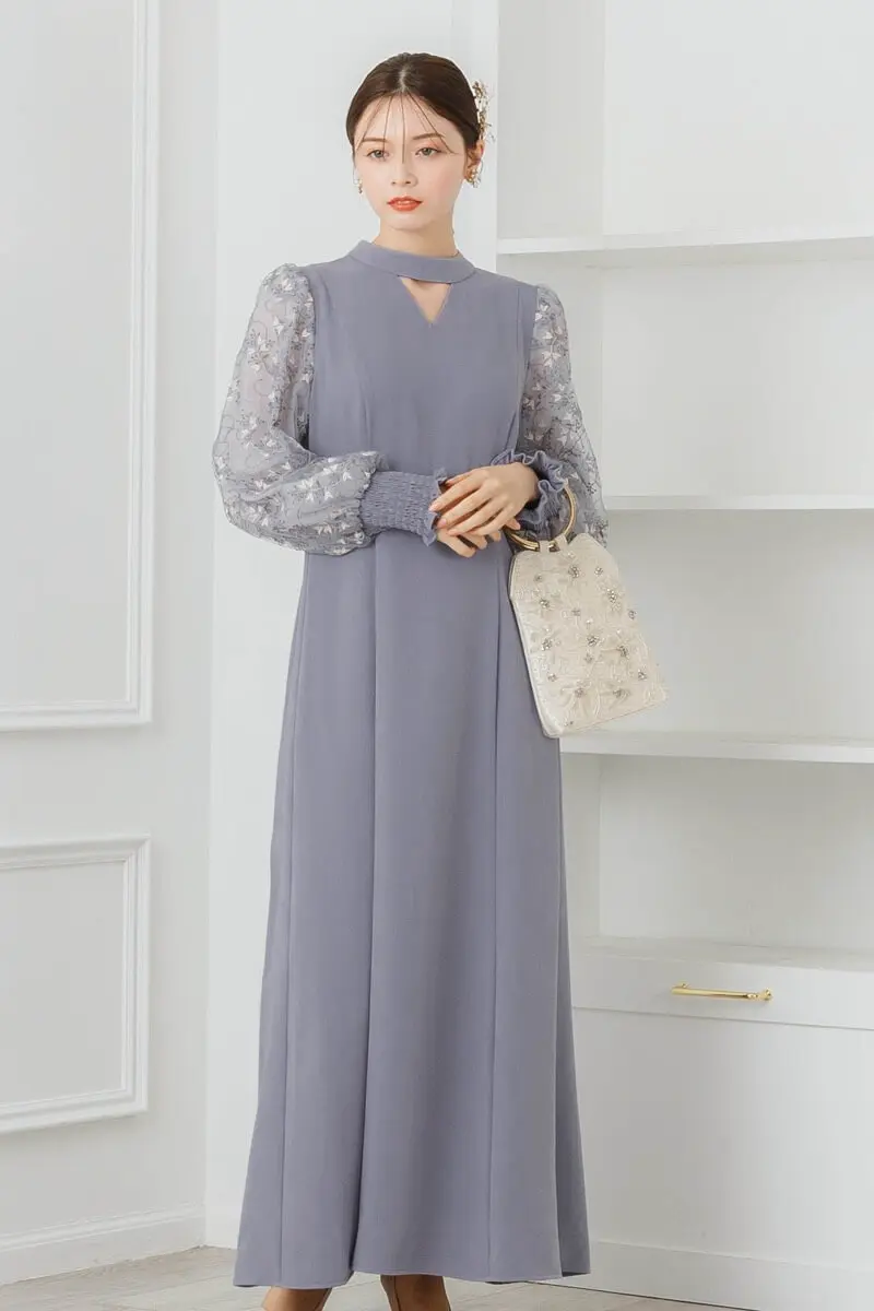 エンブロイダリードレープドレス グレーのエンブロイダリースリーブドレス | ANDRESD | M | 結婚