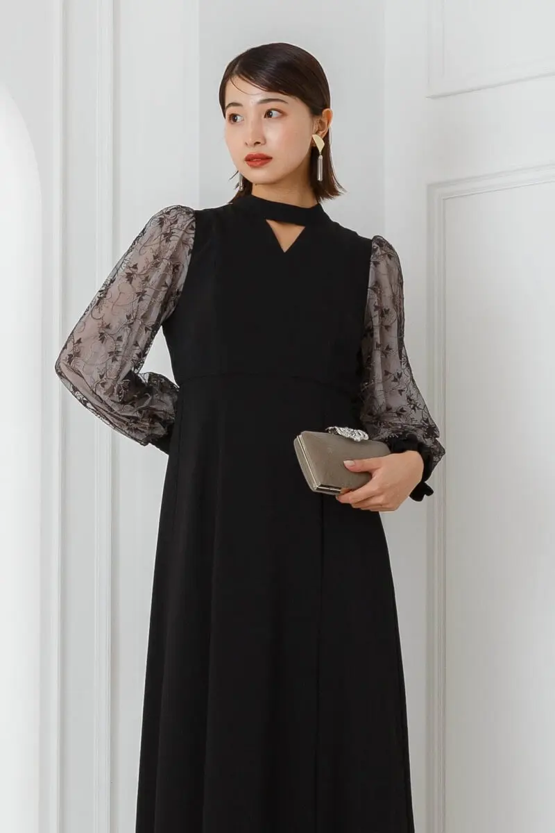 エンブロイダリードレープドレス ブラックのエンブロイダリースリーブドレス | ANDRESD | S | 結婚式