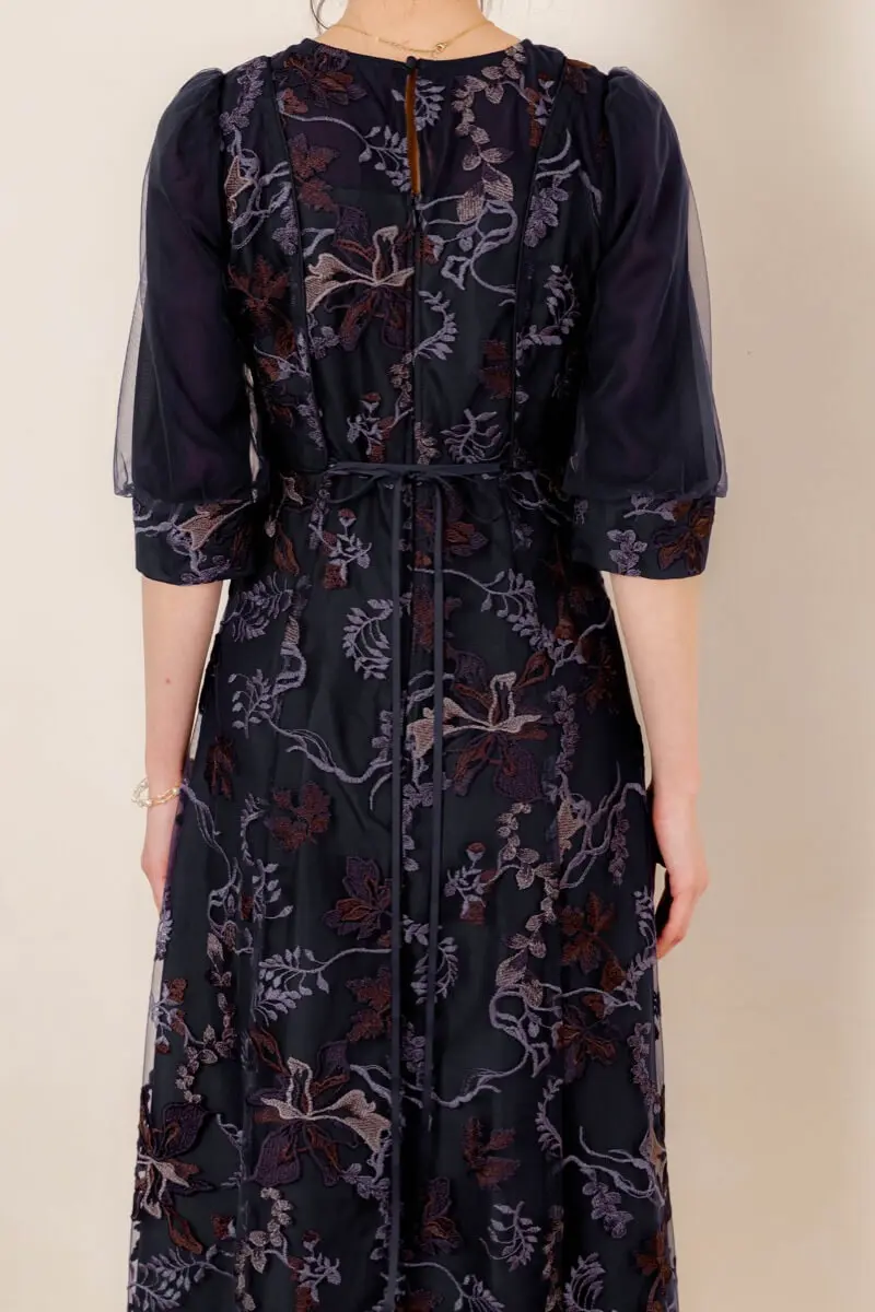 arisana ネイビー フラワーレースドレス フラワー刺繍チュールドレス(ネイビー)CR1-419NA-M | OTONA DRESS