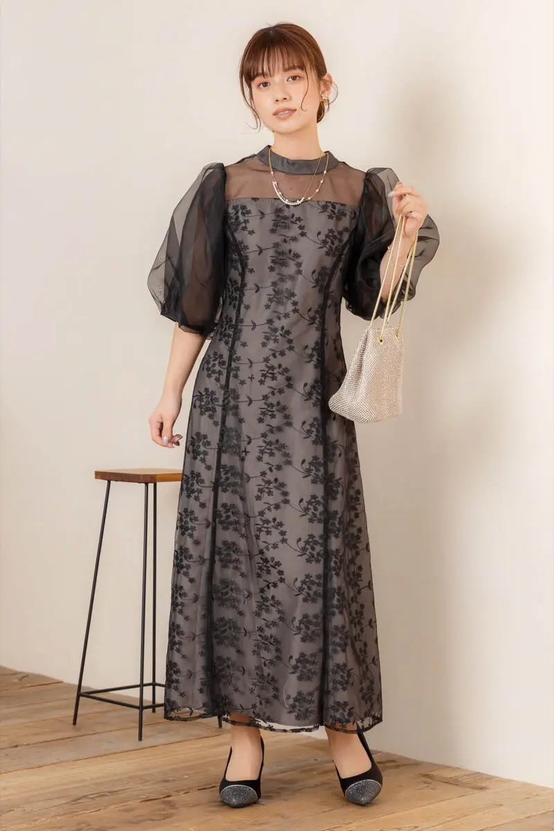 【再入荷】ブラック パフスリーブ  華やか ドレス オーガンジーサテン パフスリーブドレス ボルドー（W260BO）