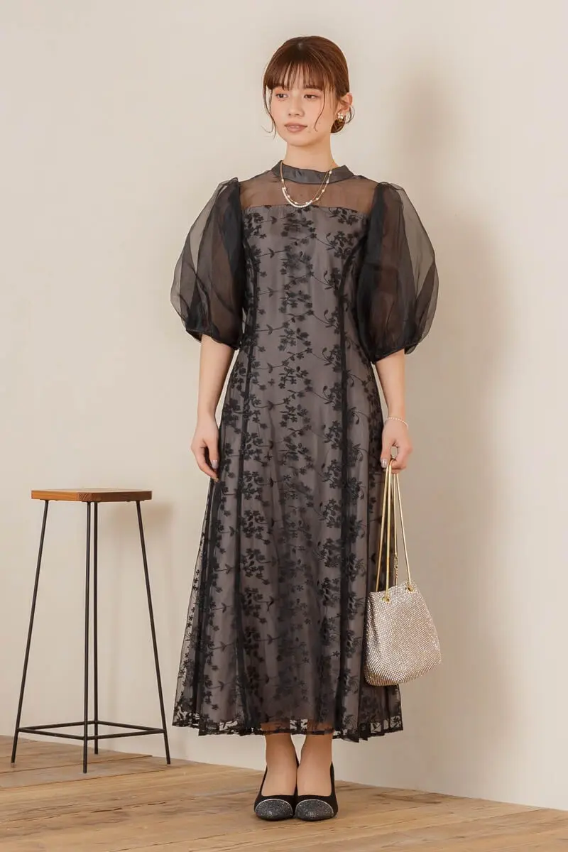 ドレス ブラック パフスリーブ 無地 パーティー 結婚式 ~4XL ブラックのオーガンジーパフスリーブドレス | metoi | L | 結婚