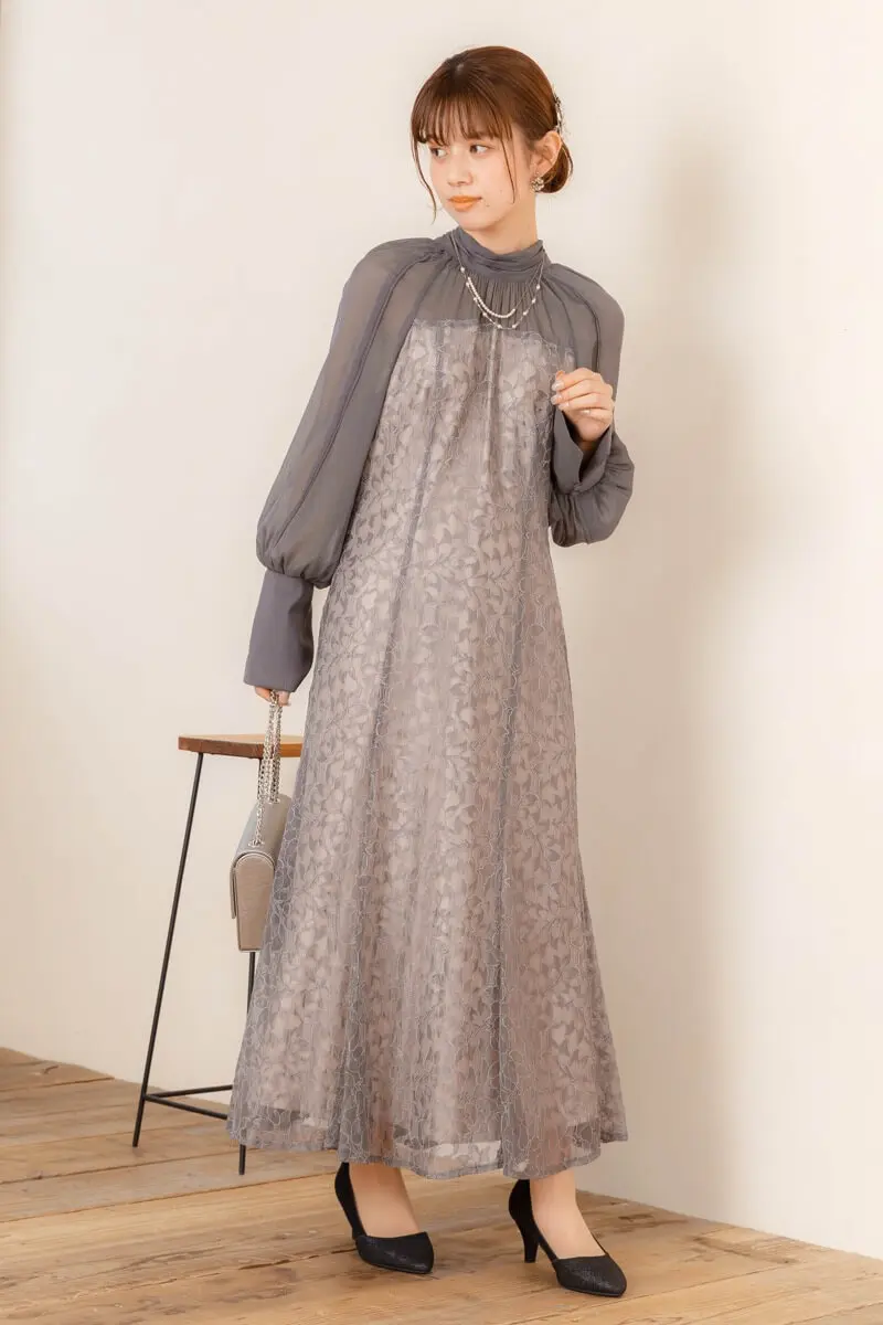 グレーの2Wayリボンレースドレス | ANDRESD | M | 結婚式