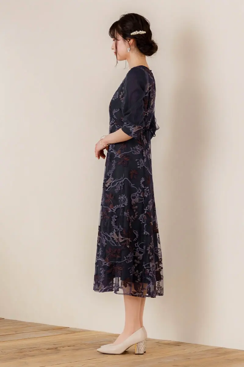 arisana ネイビー フラワーレースドレス 花柄刺繍レースドレス(ネイビー)H1-402NA-M | OTONA DRESS