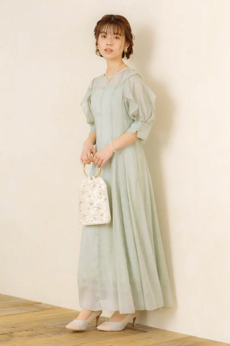 AMERI オリーブグリーン フリル袖ドレス M グリーンのフリルスリーブドレス | Dorry doll | M | 結婚式