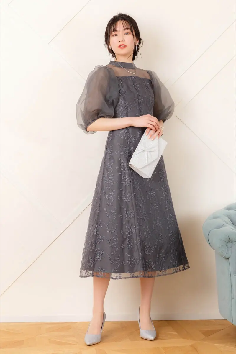 ダークグレーのオーガンジーパフスリーブドレス | metoi | M | 結婚式
