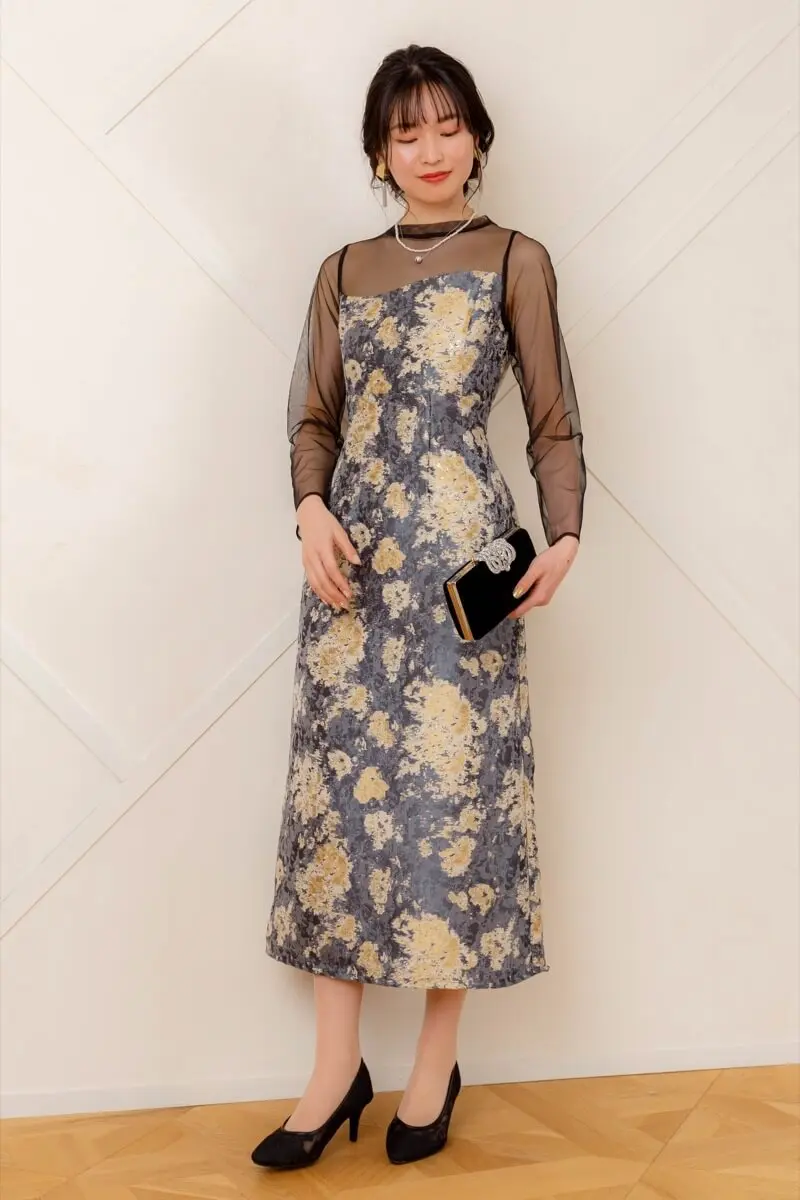 ネイビーのジャガードペンシルドレス | LE' RURE | M | 結婚式