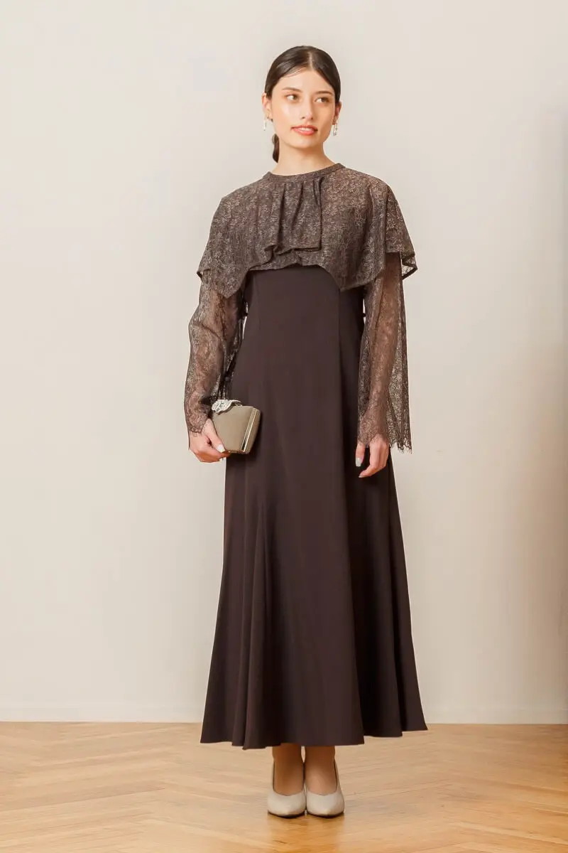 ANDRESD ドレス ベージュブラック ベージュブラックのグロッシーラッフル付きドレス | ANDRESD | M