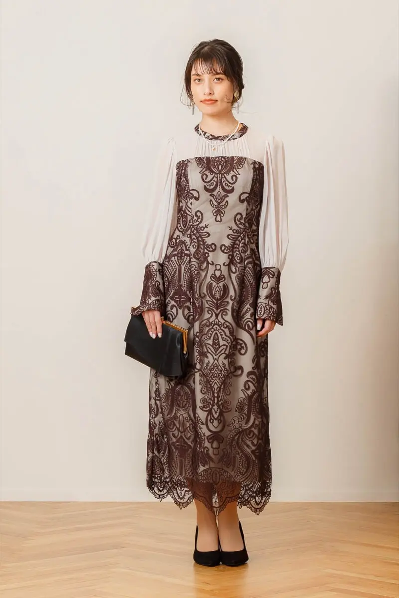 美品✨ARMIS ダークヴラウン・ベージュ格子模様ドレス(size40) SACHIKO TSUTSUI 2nd collection Dress No : #st0015 Blue green