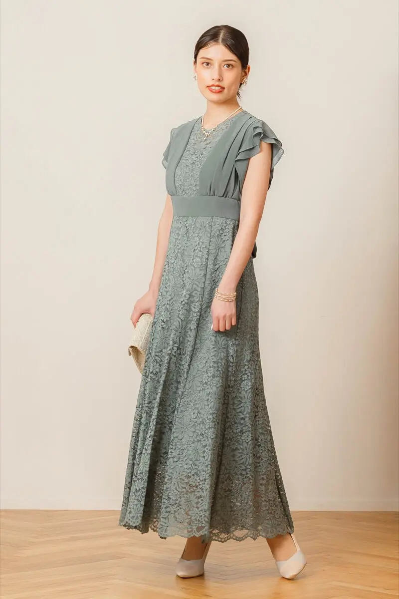 ライトカーキのシフォンスリーブレースドレス | Dorry doll | M
