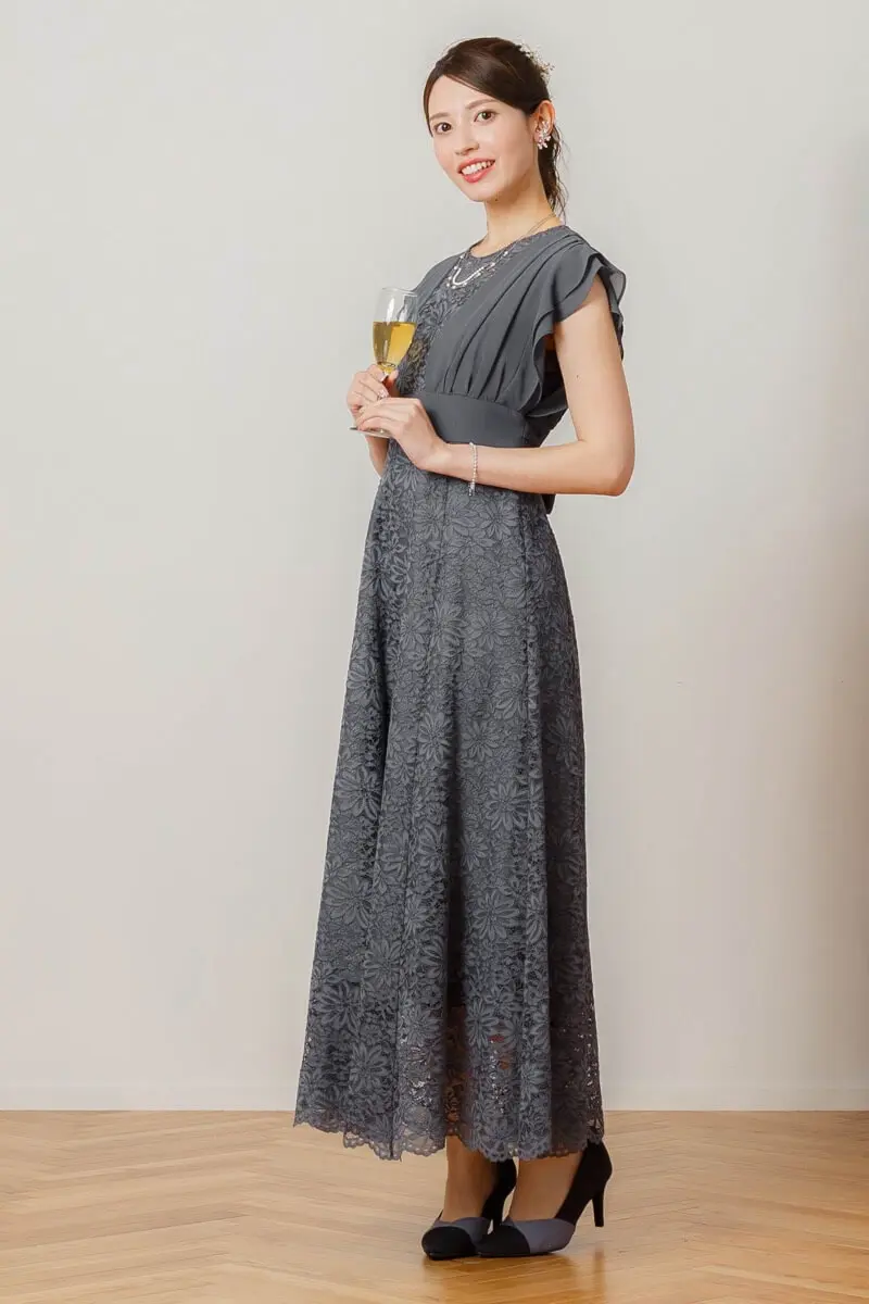 ダークアッシュのシフォンスリーブレースドレス | GIRL | M