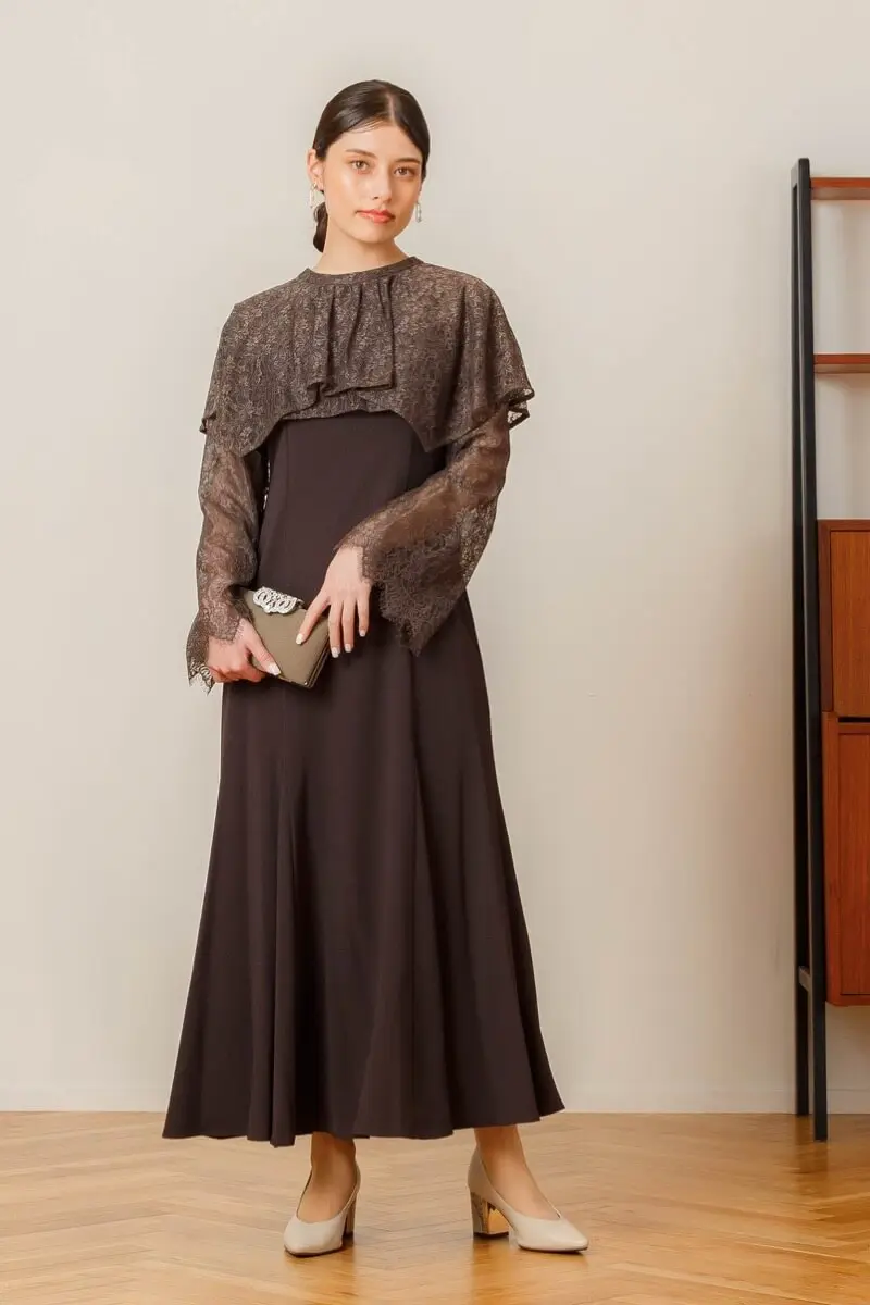 ブラウンのレイヤードケープドレス | ANDRESD | M | 結婚式