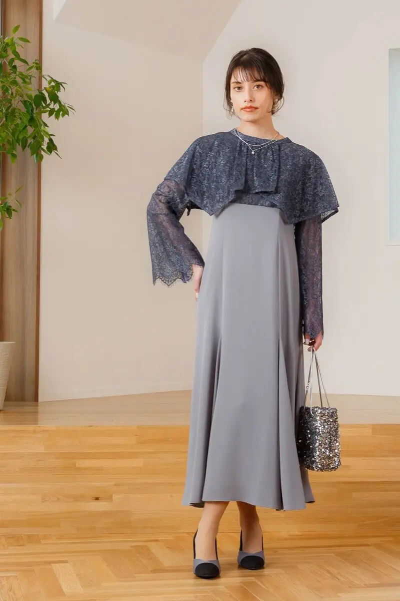 グレーのレイヤードケープドレス | ANDRESD | M | 結婚式パーティーの