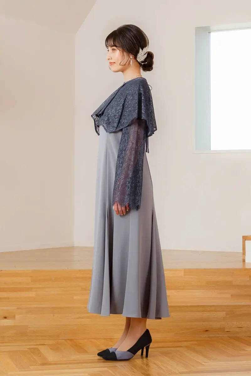 グレーのレイヤードケープドレス | ANDRESD | M | 結婚式パーティーの
