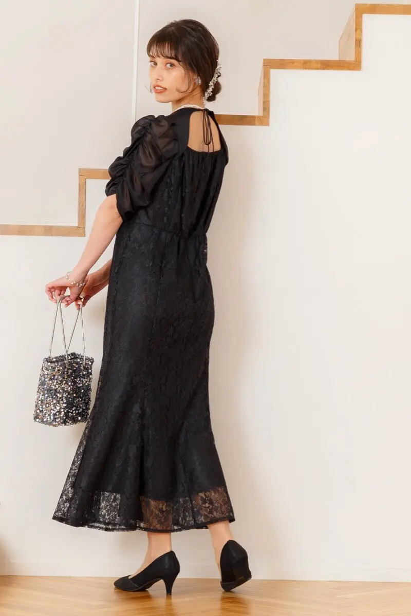 ブラックのギャザースリーブマーメイドドレス | Dorry doll | M | 結婚