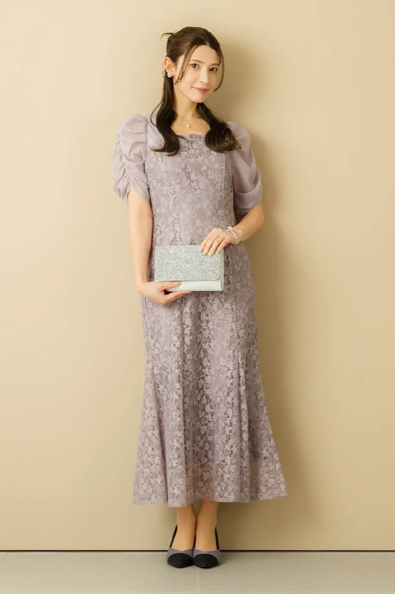 ラベンダーのギャザースリーブマーメイドドレス | Dorry doll | M