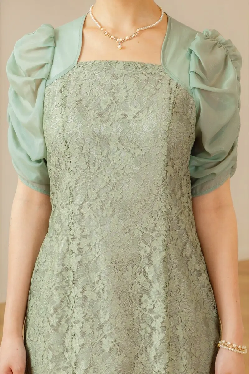 グリーンのギャザースリーブマーメイドドレス | Dorry doll | M