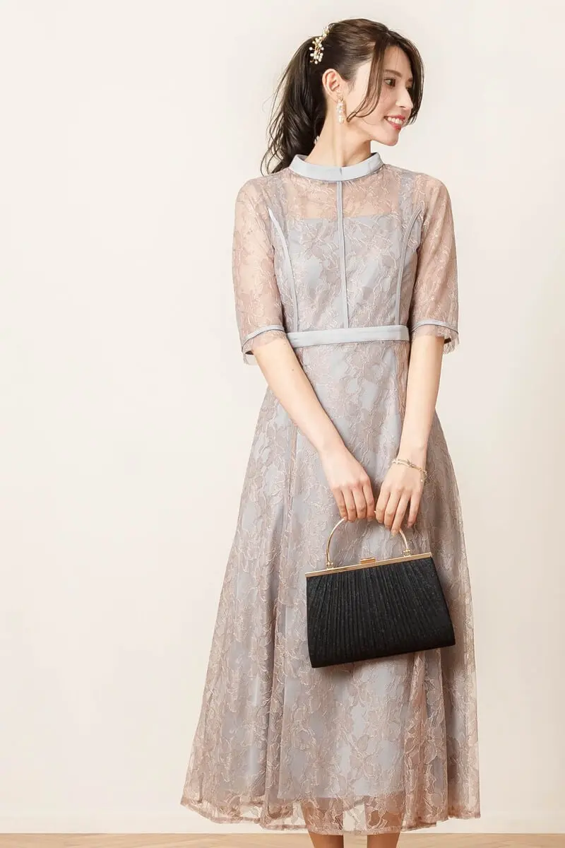タグ付きemotional dress ラッセルレースふんわりドレス ラッセルレースパイピングレイヤードドレス｜パーティードレス