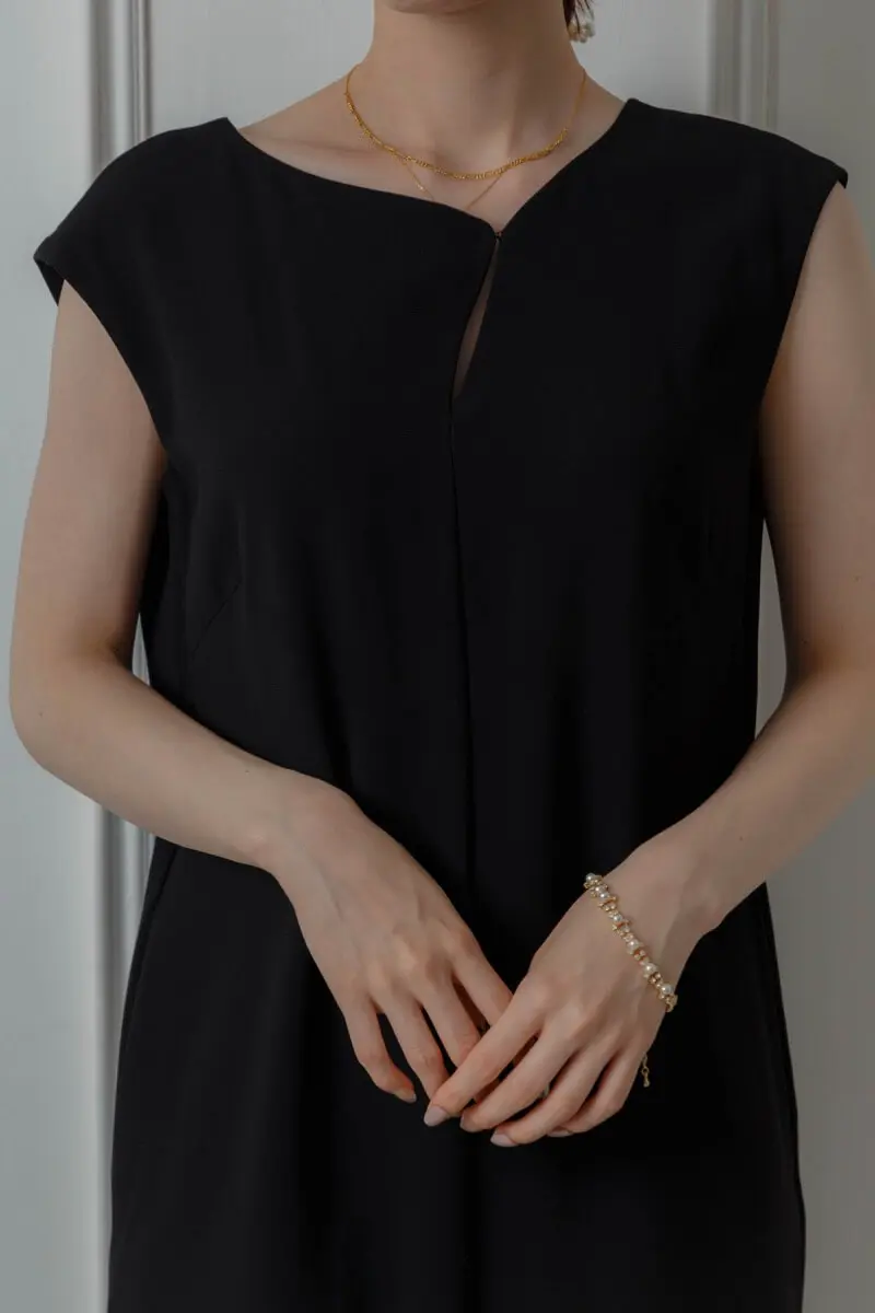 ベージュブラックのグロッシーラッフル付きドレス | ANDRESD | S