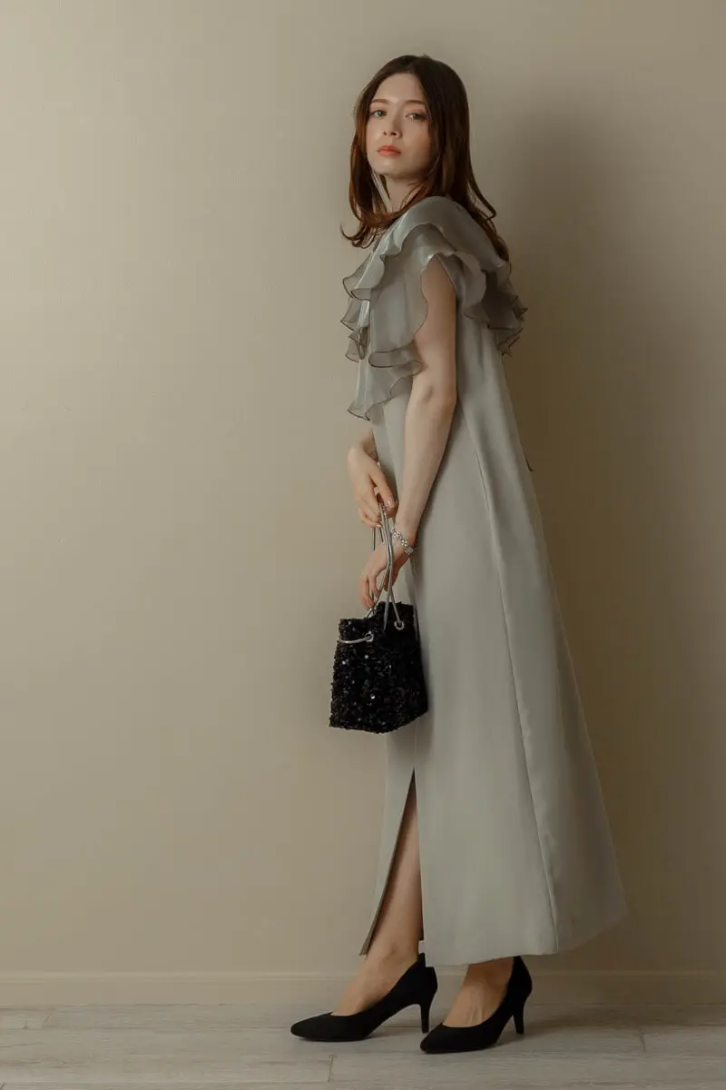 ミントのグロッシーラッフル付きドレス | ANDRESD | S | 結婚式