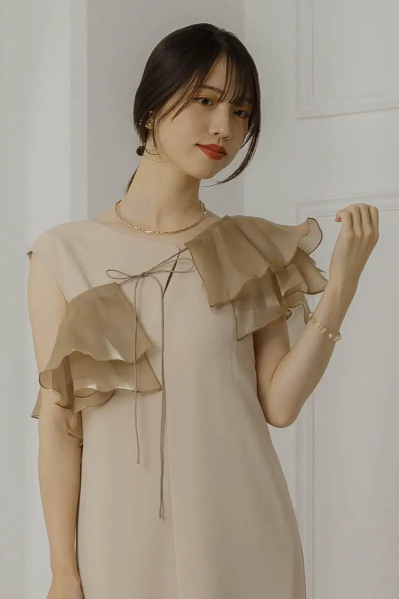 ベージュのグロッシーラッフル付きドレス | ANDRESD | S | 結婚式